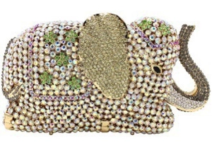 Detailed view of elephant shaped evening clutch with champagne and AB rhinestones