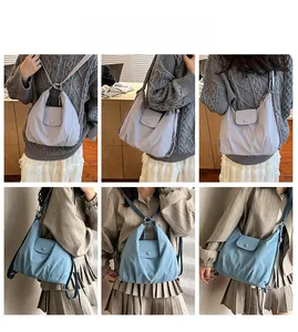Detail showing versatile nylon tote bag in lavender and blue colors with adjustable straps