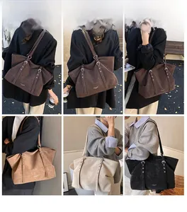 Collage of large faux suede tote bags in various vintage colors worn by a model