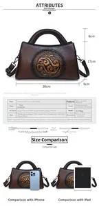 Detailed size specifications of retro brown handbag with internal structure and dimensions