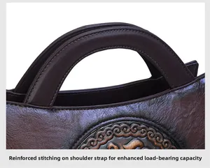Detail of vintage brown embossed leather bag with reinforced stitching and handle texture