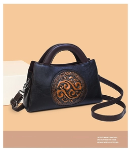 Detail of vintage black leather handbag with brown handles and floral embossed pattern