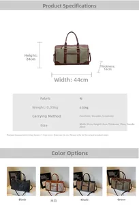 Detailed size chart for large canvas tote bag showing dimensions 44x24x14cm and features