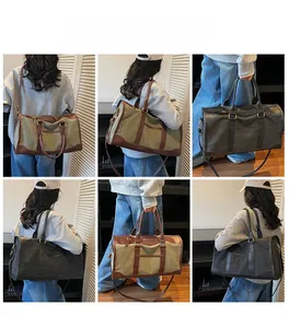 Detailed views of a large canvas tote bag with contrast trim for travel and commute