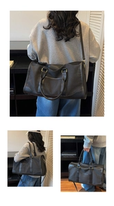 Black canvas tote bag showing crossbody, shoulder, and handheld carrying styles in detail