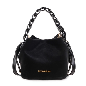 Classic black bucket bag in soft faux suede with chunky chain handle and crossbody strap