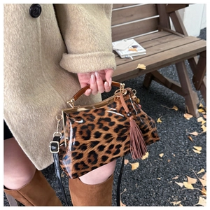 Sac à bandoulière léopard avec poignée en acrylique et détail de gland en cuir