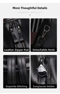 Detail view of leather zipper pulls, metal hooks, fine stitching and sunglass holder on backpack
