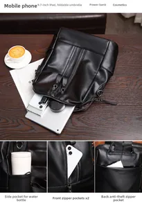 Detail view of black PU leather backpack showing compartments for 9.7-inch iPad and phone