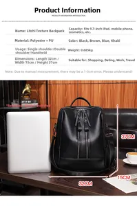Detailed size chart showing black pebbled leather backpack fits a 9.7-inch iPad