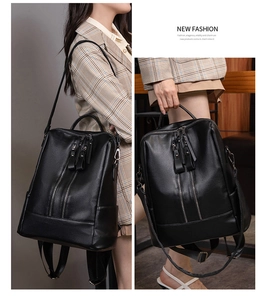 Detail showing versatile carrying ways with adjustable straps on a black leather backpack