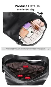 Internal view of large capacity black pebbled leather tote showing multi-pocket structure