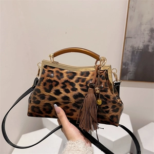 Sac À Main Vintage Imprimé Léopard Vernis PU Brillant Cadre Métallique Gland Sac Bandoulière Femme Style Docteur