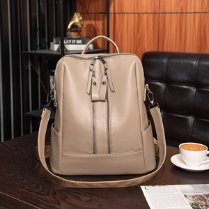 Elegant khaki soft leather backpack for women with dual zippers and textured lychee pattern