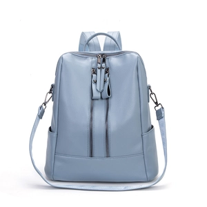 Light blue soft leather backpack for women with double zipper and front pocket design