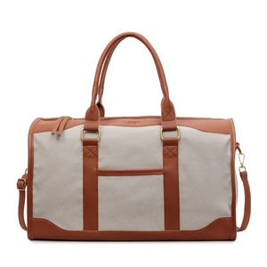 Large capacity canvas tote bag with brown leather contrast and adjustable shoulder strap