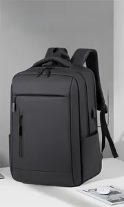 Detail view of business backpack with external USB charging port and water-resistant fabric