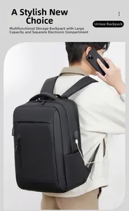 Detail of waterproof business backpack showing external USB port and side storage pocket