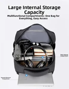 Detail view of large capacity business backpack with laptop compartment and main storage