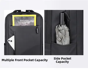 Detail view of large capacity backpack showing front zipper and side storage pockets
