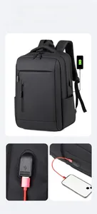 Detail of laptop backpack showing external USB port and mobile charging functionality