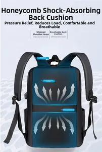 Detail of breathable honeycomb mesh padding and luggage strap on black laptop backpack