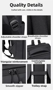Detail view of business backpack features: adjustable straps, breathable mesh, and luggage strap
