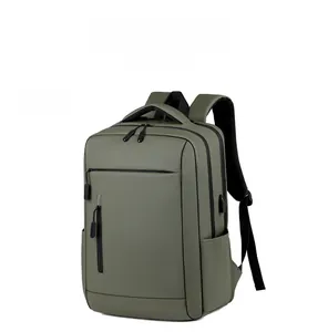 Side angle view of army green business backpack featuring external USB charging port