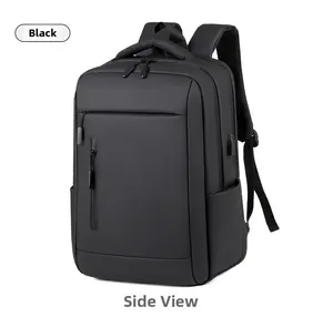 Detail view of water-resistant business backpack featuring an external USB charging port