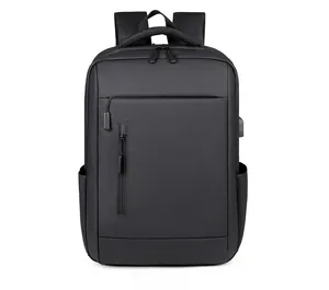 Front view of black waterproof business backpack with dual zippers and USB port
