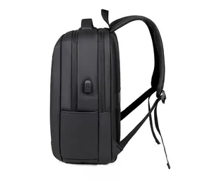 Detail of laptop backpack showing side USB charging port and breathable mesh straps