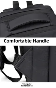 Detail of waterproof nylon backpack with reinforced top handle and triangular stitching