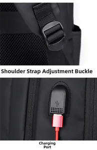 Detail of adjustable shoulder buckle and USB charging port on black business backpack