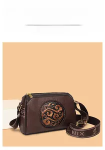 Detail of vintage embossed texture on brown crossbody bag with printed strap