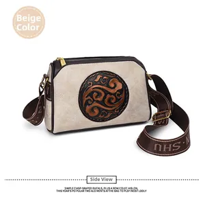 Detail of beige textured leather crossbody bag featuring vintage floral embossed pattern