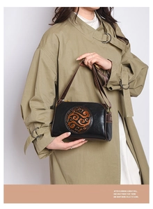 Macro shot of retro embossed pattern and dual-tone leather texture on the crossbody bag