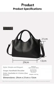 Detail showing dimensions 29x21x13cm and litchi texture on black faux leather handbag