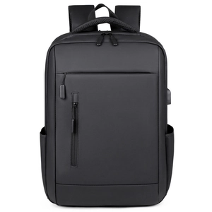 Water-resistant black business laptop backpack with USB port and multiple zippered pockets