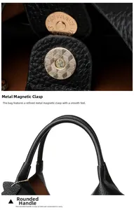 Dettaglio della chiusura magnetica dorata e manico tondo su borsa a secchiello nera