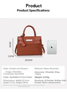 Detailed size parameters of the brown leather tote bag showing dimensions with an iPad comparison