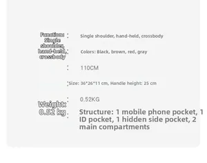 Detailed size chart and specifications for vintage large capacity shoulder handbag