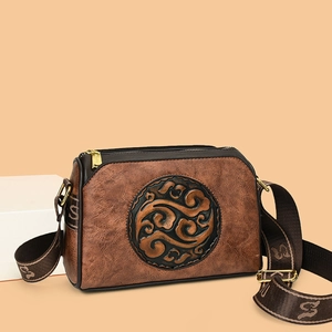 Women Retro PU Leather Crossbody Bag With Chinese Style Relief And Wide Webbing Shoulder Strap For Casual Commuter