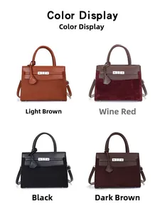 Product color display of handbags in light brown, burgundy, black and dark brown shades
