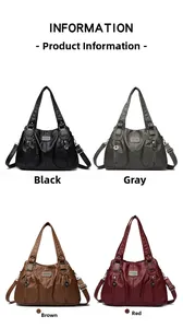Collage of four vintage PU leather tote bags in black, grey, brown, and red with metal logos