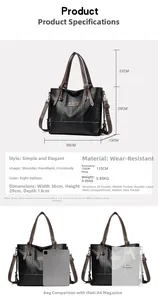 Detailed size chart for the large capacity tote bag showing dimensions and internal compartments