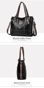 Close-up of black PU leather tote bag with brown handles and white contrast stitching detail