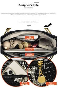 Detail view of large capacity alligator texture handbag interior with multi-pocket storage