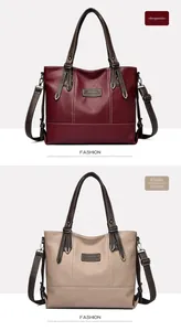 Close-up of textured tote bags in wine red and khaki with detachable shoulder straps
