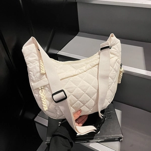 White quilted half-moon nylon crossbody bag with rhombic pattern and adjustable strap