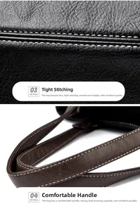 Detailed macro view of white contrast stitching on black leather and brown handle